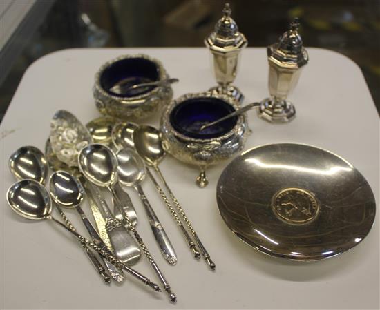 Collection of mostly silver spoons, cruet, mustards, etc